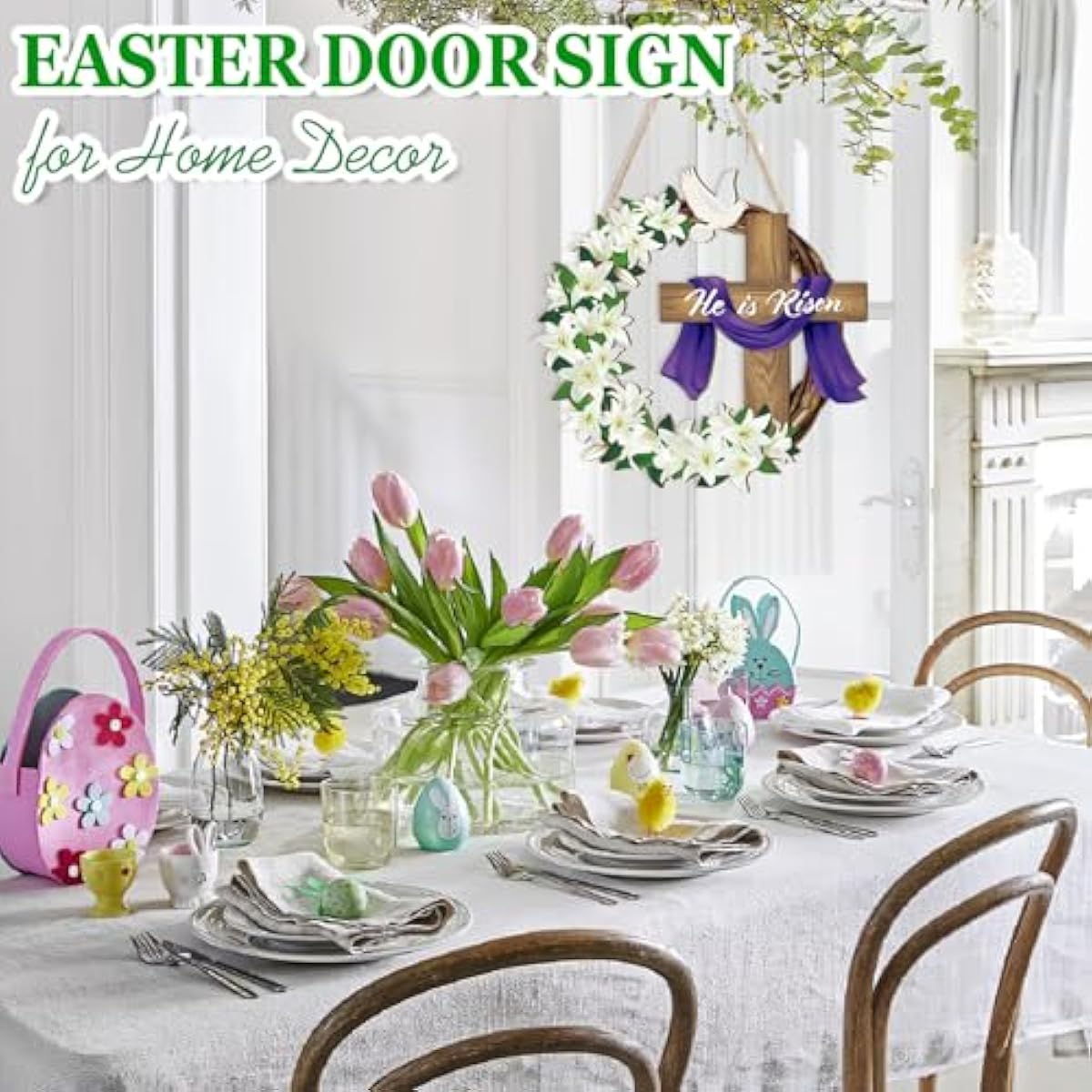 He is Risen Wooden Wreaths for Front Door - Christian Jesus Lily Flowers Ornaments Hanging Crafts - Spring Home Farmhouse Party Porch Decor