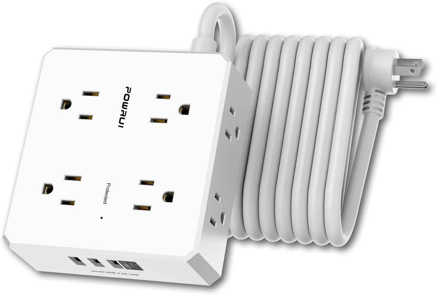 Surge Protector Power Strip - 6 Ft Flat Plug Extension Cord with 8 Widely Outlets and 4 USB Ports(1 USB C), 3 Side Outlet Extender for Home Office, White, ETL Listed