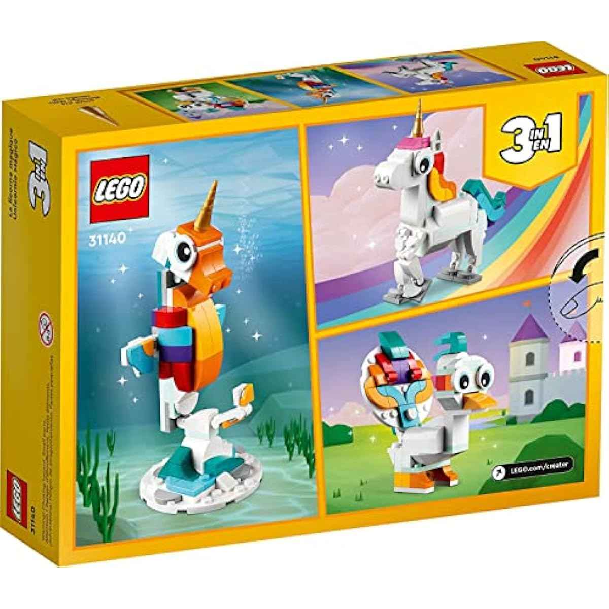 LEGO Creator 3 in 1 Magical Unicorn Toy, Transforms to Seahorse to Peacock, Rainbow Animal Figures, Unicorn Gift for Grandchildren, Girls and Boys, Buildable Toys, 31140