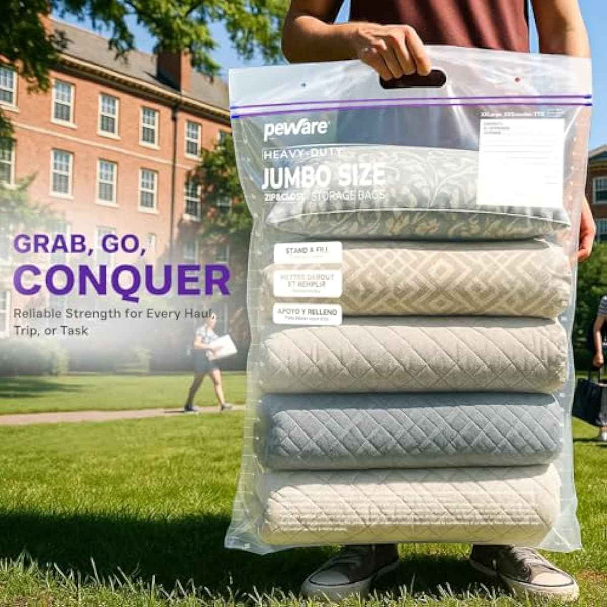 20 Gallon Heavy Duty Jumbo Storage Bags with Handle – 24" x 34" Resealable Zipper Top, Oversized Storage Solution for Clothes, Food, Pillow, Bedding, Household, BPA-Free, Pack of 5, 6 Mil Thick