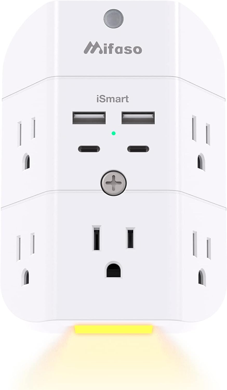 Surge protector outlet extender with night light, 5-outlet splitter, and 4 USB ports for home and dorm room essentials
