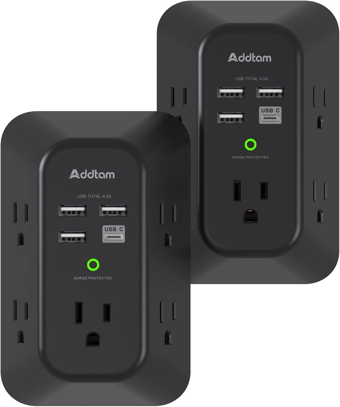 Addtam 5-Outlet USB Wall Charger Surge Protector with 4 USB Ports and 1 USB C Outlet 1800J Power Strip