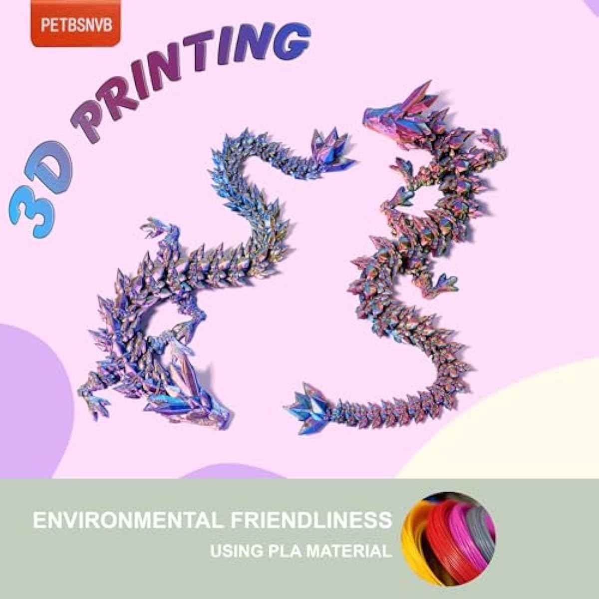 Three Color 12" 3D Printed Dragon, Articulated Dragon, Crystal Dragon, Dragon Fidget Toy, Home Office Decor Executive Desk Toy (Blue Head)