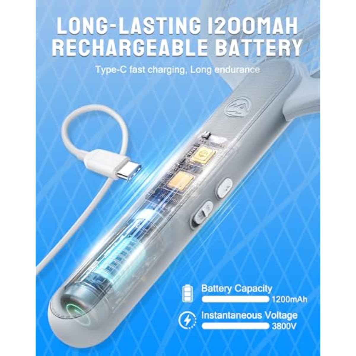 Electric Fly Swatter, 3800V Handheld Bug Zapper Racket, Type-C Rechargeable, Mosquito Zapper for Indoor Outdoor, 3-Layer Safety Mesh, Easy to Use, Lightweight (Basic 1 Pack)