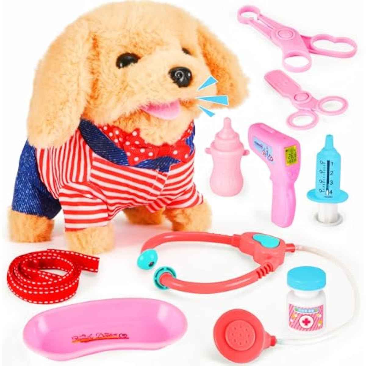 Toddler Toy 10 Pcs Interactive Retriever Robot Dog Toy - Walking & Stuffed Puppy with Stethoscope for Vet Role Play, Educational Toddler Gifts for 3 Year Old Girl
