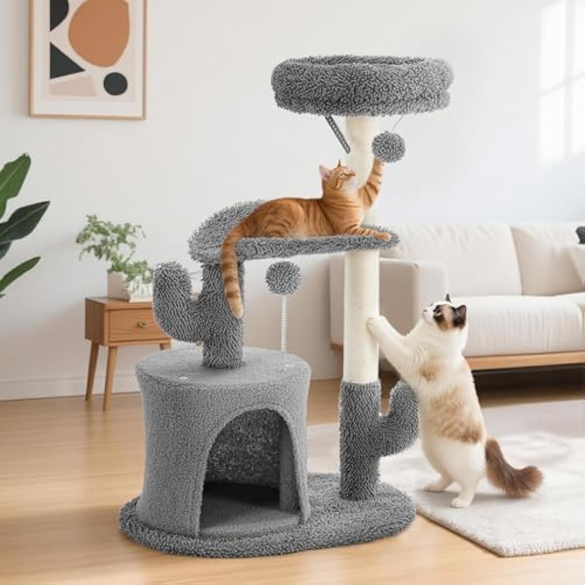grey 33 inch multi-level cat tree tower with scratching posts and perches for indoor cats