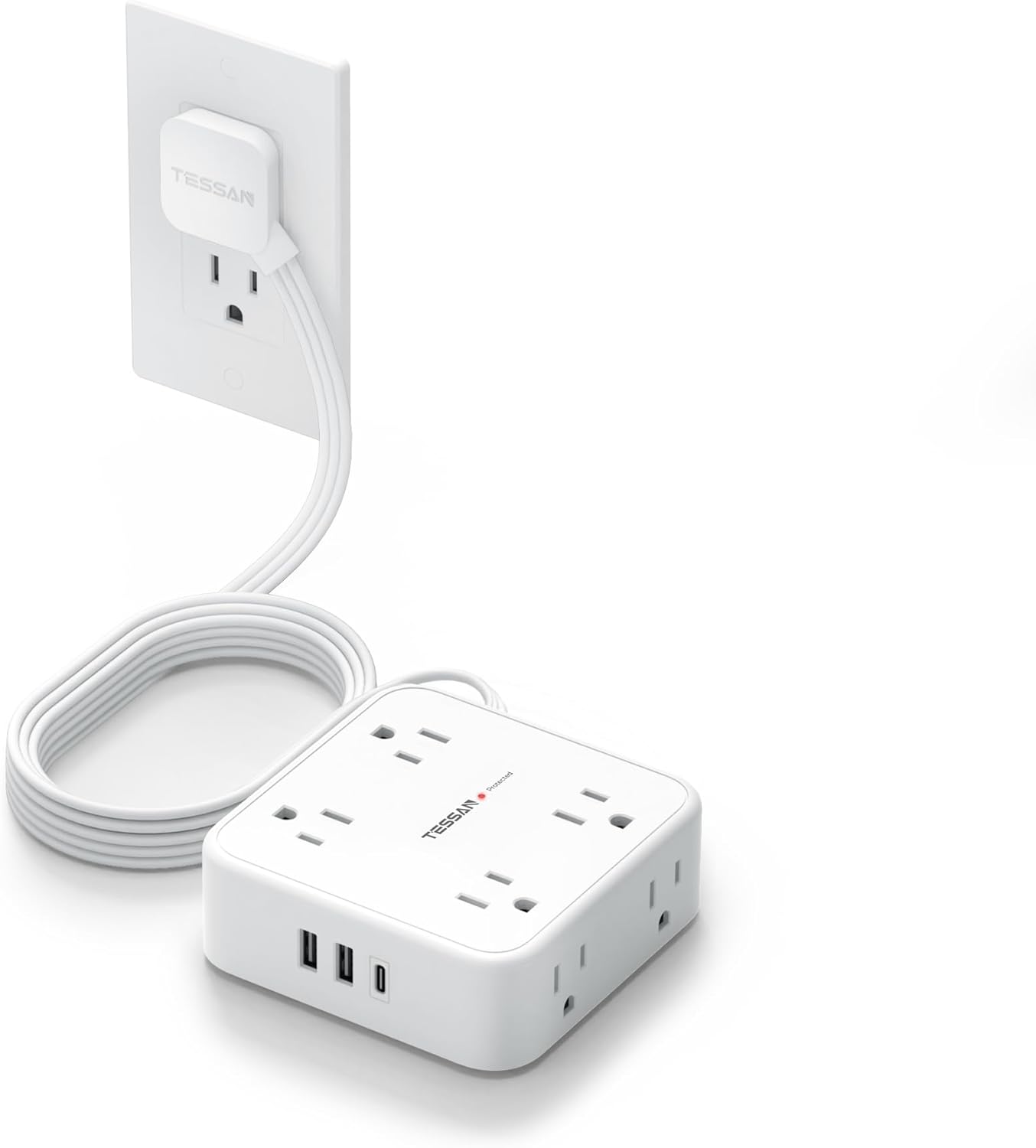 TESSAN 5 Ft flat plug extension cord with 3 USB, 8 outlets, 900J surge protection for office, dorm room essentials