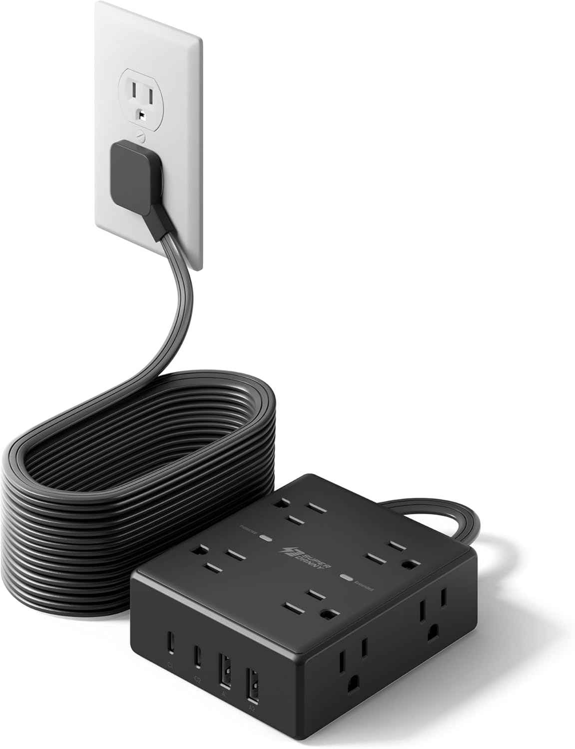 10Ft Extension Cord with Multiple Outlets, Flat Plug Surge Protector Power Strip 10 Ft Long Cord, 8 Outlets & 4 USB Ports (2 USB C), Desk Charging Station for Home Office, College Dorm Room Essentials