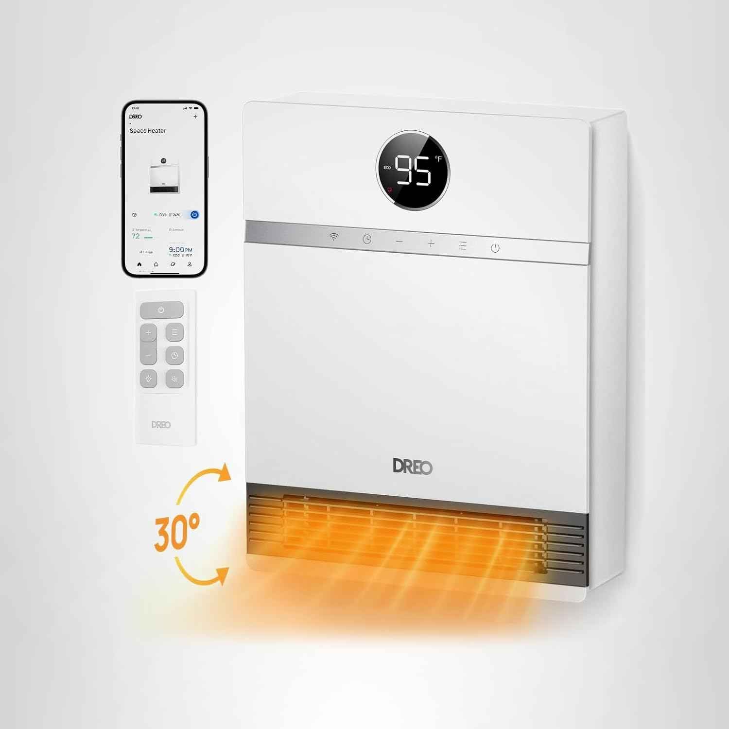DREO Smart Wall Heater, IP24 Electric PTC Space Heaters for Indoor Use, 30° Oscillation, Adjustable Thermostat, Remote Control, Works with Alexa, 24H Timer, Easy-mounted for Office, Bedroom, Home