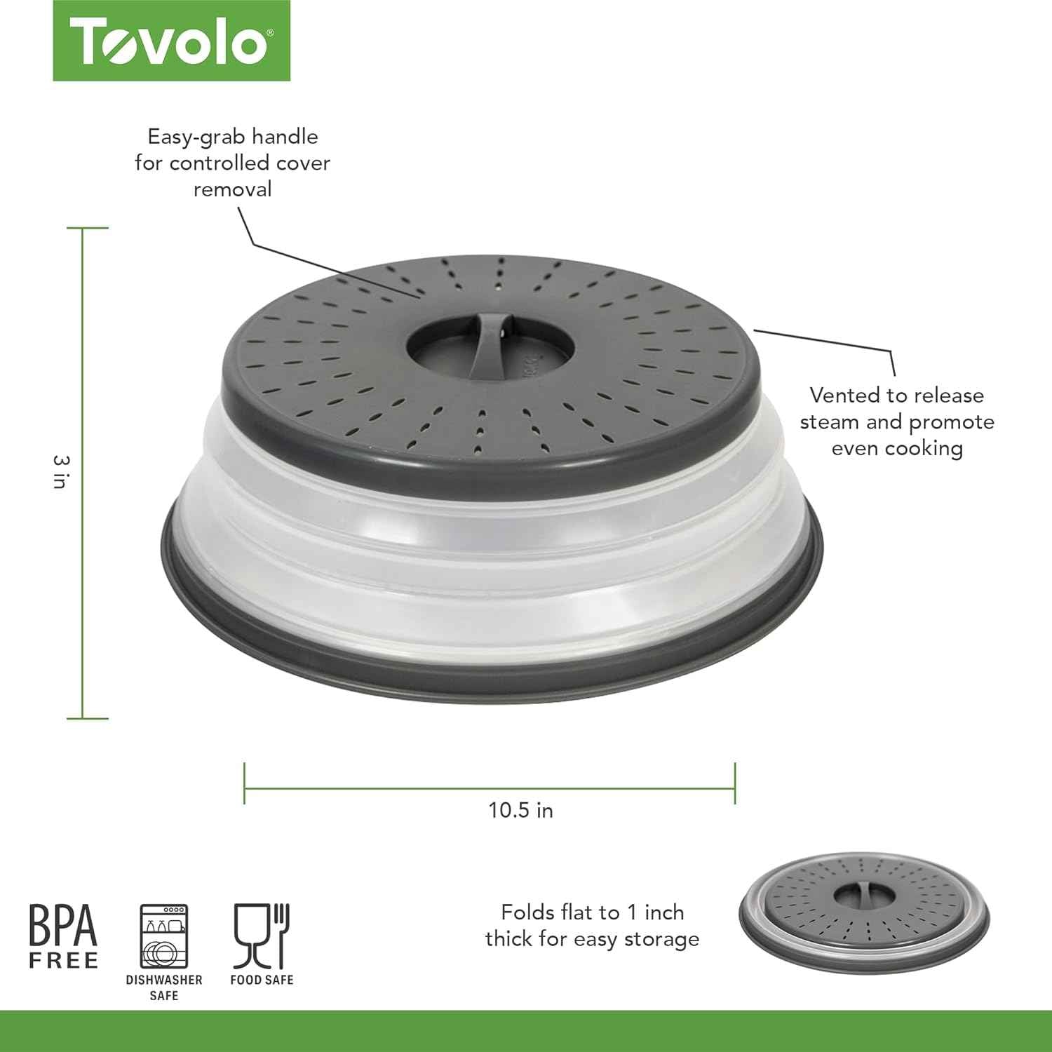 Tovolo Microwave Cover for Food Splatter 10 Inch, Heavy Duty Easy to Use Collapsible & Vented Silicone Microwave Splatter Guard Lid for Plates Dishes Bowls, Charcoal Gray