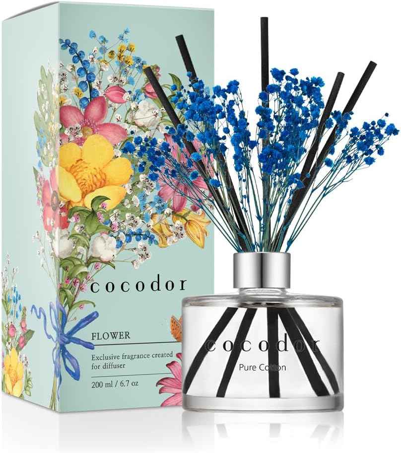 COCODOR Reed Diffuser Set with Preserved Baby's Breath with Sticks/April Breeze / 6.7oz / Scent Fragrance Oil Diffuser for Bedroom Bathroom Home Décor