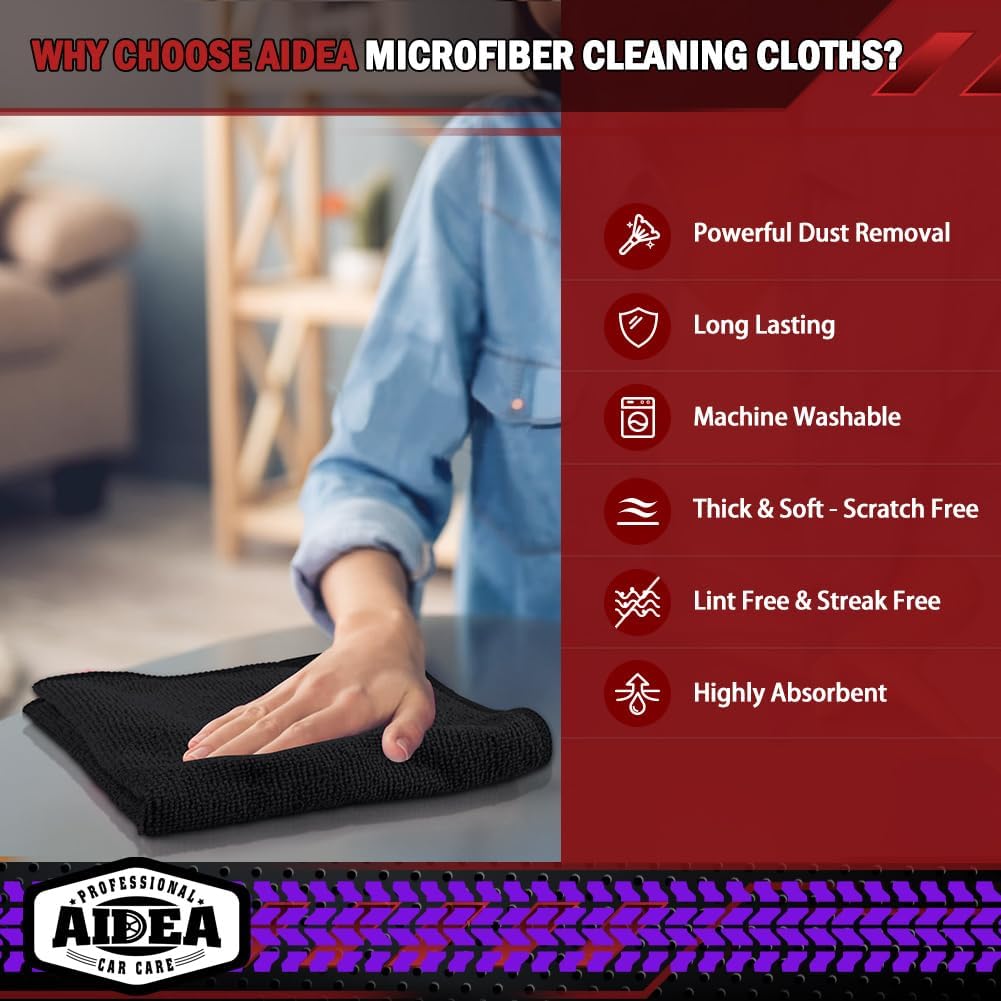 AIDEA Microfiber Cleaning Cloth 10PK, Black, 12x12, Microfiber Towels for Cars, Houses, and Kitchens