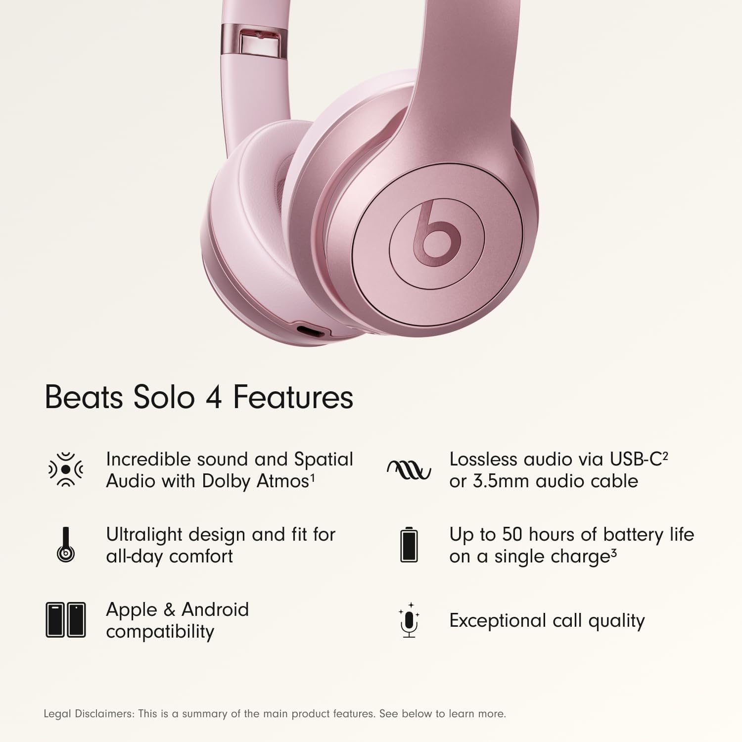 Beats Solo 4 - Wireless On-Ear Bluetooth Headphones, Up to 50-Hour Battery Life, Ultra-Lightweight Comfort, Powerful and Balanced Sound, Apple & Android Compatible - Amazon Exclusive Metallic Pink