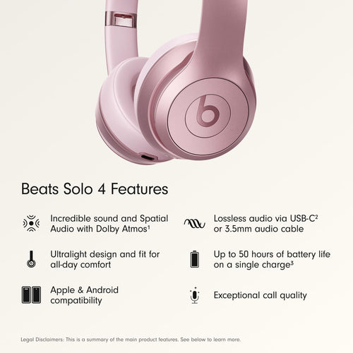 Beats Solo 4 - Wireless On-Ear Bluetooth Headphones, Up to 50-Hour Battery Life, Ultra-Lightweight Comfort, Powerful and Balanced Sound, Apple & Android Compatible - Amazon Exclusive Metallic Pink