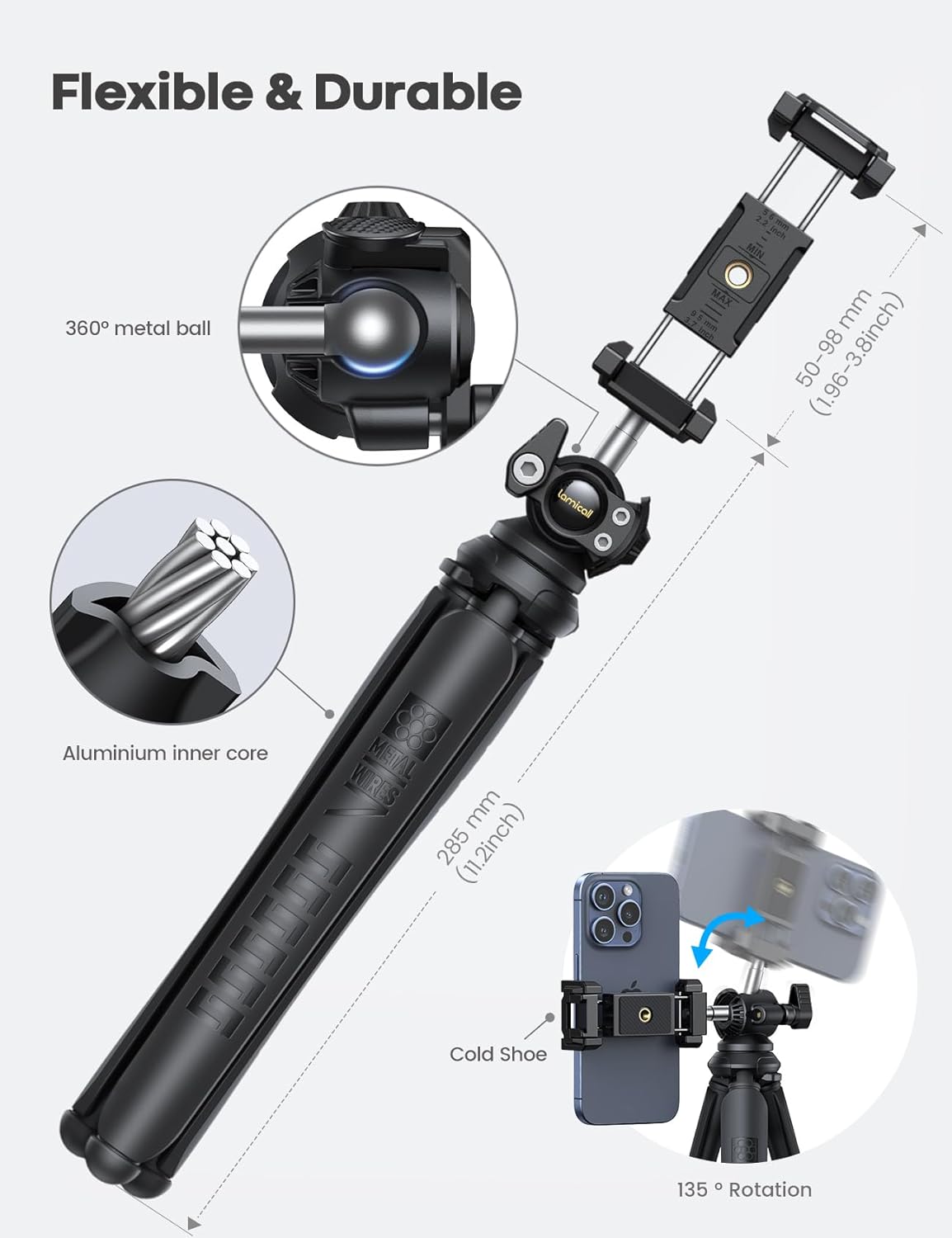 Lamicall Tripod for iPhone - [Ultra-Stable] Aluminium Phone Tripod with Wireless Remote, Mini Flexible Camera Stand Cold Shoe for Video Recording for Pocket 3 4 iPhone GoPro DSLR Camera Mothers Day
