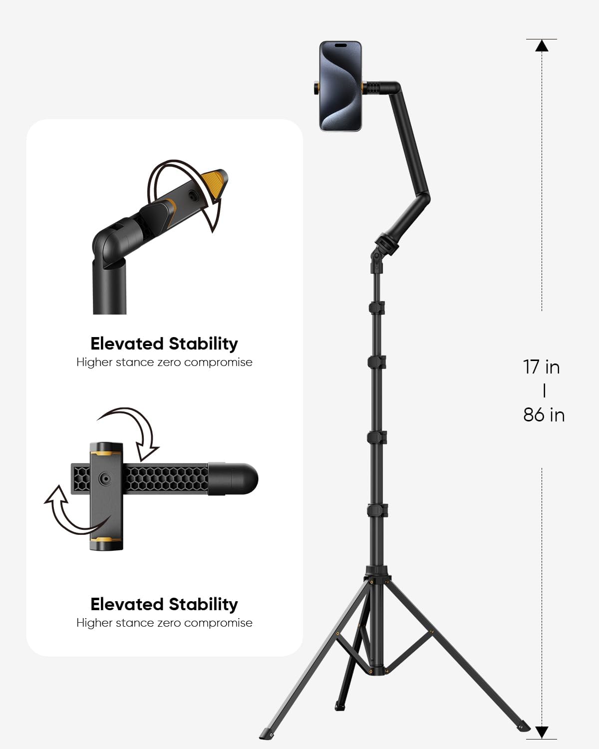 todi 86 tripod for smartphone with flexible arm and selfie stick remote, extra-length legs for video recording, compatible with iphone and android