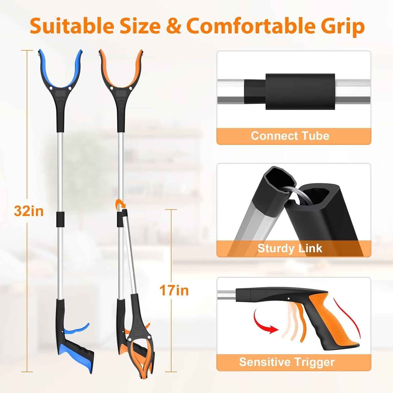 32" Grabber Reacher Tool, 2-Pack Foldable Reacher Grabber Pickup Tool with 360° Rotating Jaw & Magnet, Trash Picker Upper Grabber, Lightweight Grabbers for Seniors Heavy Duty