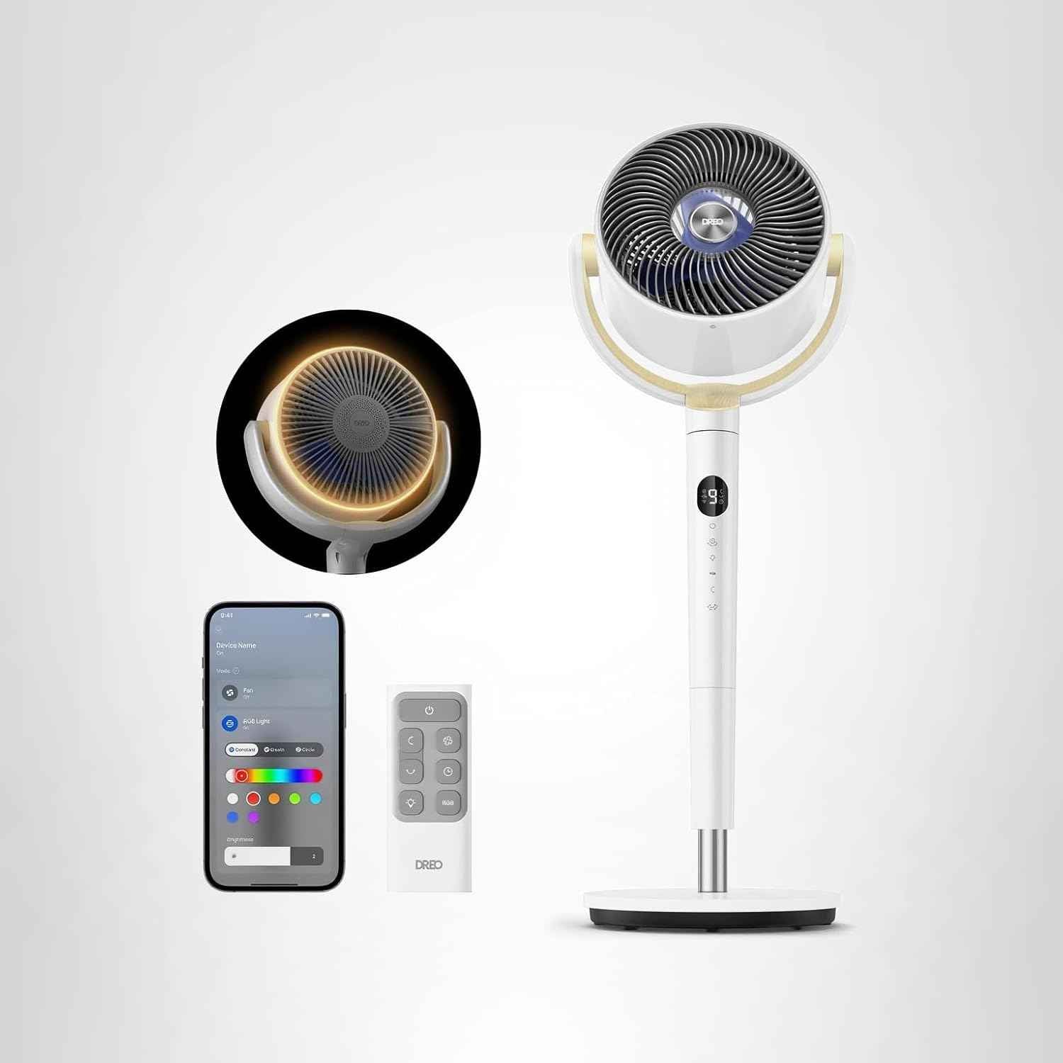 Dreo Smart Fan for Bedroom, 120° +120° Omni-Directional Oscillating Fans, 90ft Quiet Pedestal Fan with RGB Light, 9 Speeds, 6 Modes, 20dB, 8H Timer, Wi-Fi/Voice/Alexa, 37-42" Floor Fans with Remote