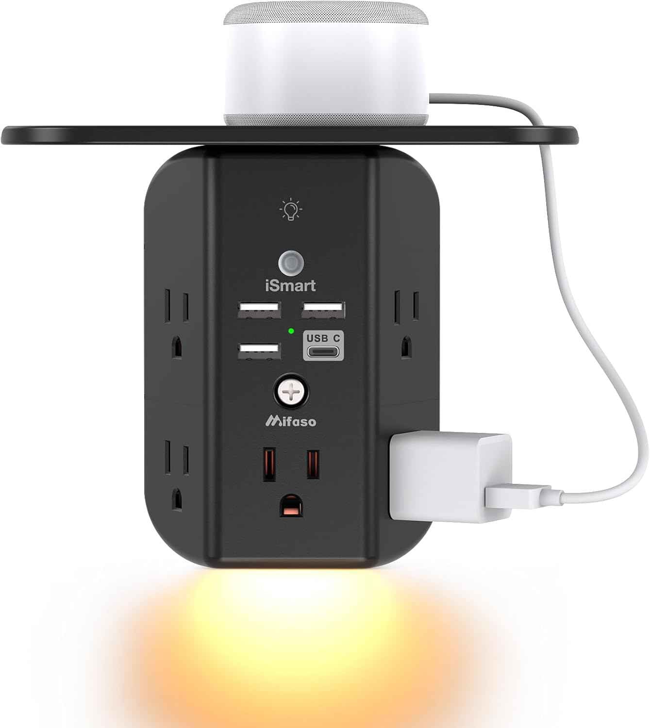 Mifaso 3-Sided Multi Plug Power Strip, Wall Extender with Shelf, Night Light & Surge Protector, USB Wall Charger with 5 AC Wide Space Outlets and 3 USB & 1 C Port, White