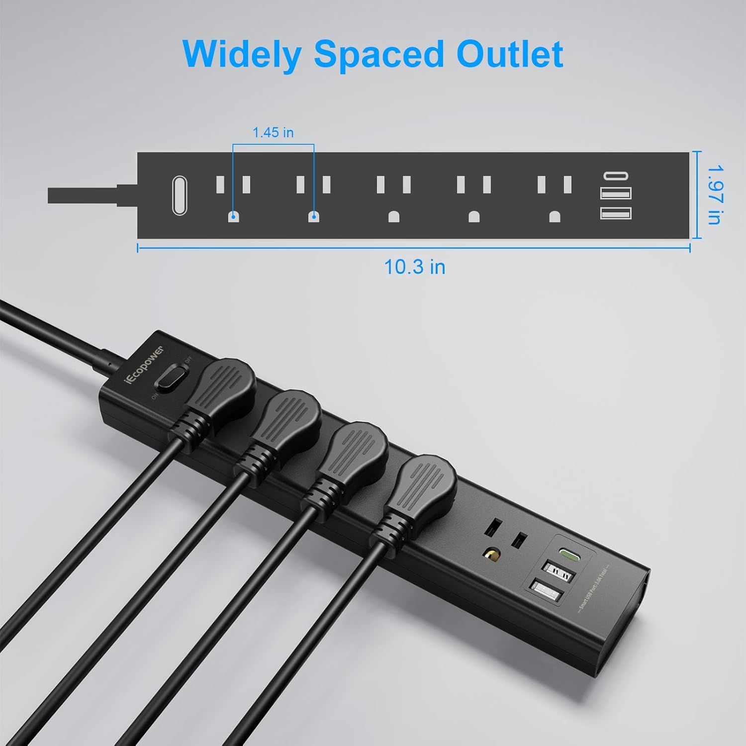 black 2-pack power strip with 5 outlets, 3 usb ports, 1250w surge protector, 5ft cord, wall mount for home office