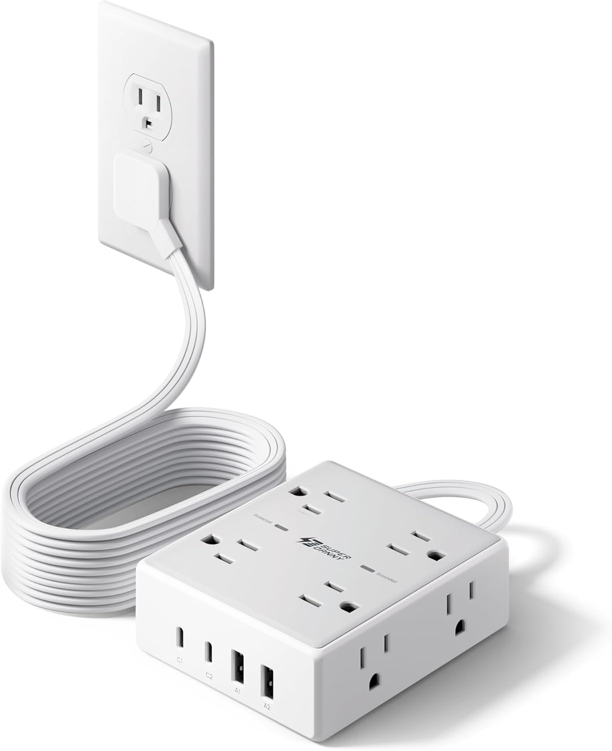 SUPERDANNY 10Ft Flat Plug Surge Protector Power Strip with 8 Outlets, 4 USB Ports, and Desk Charging Station