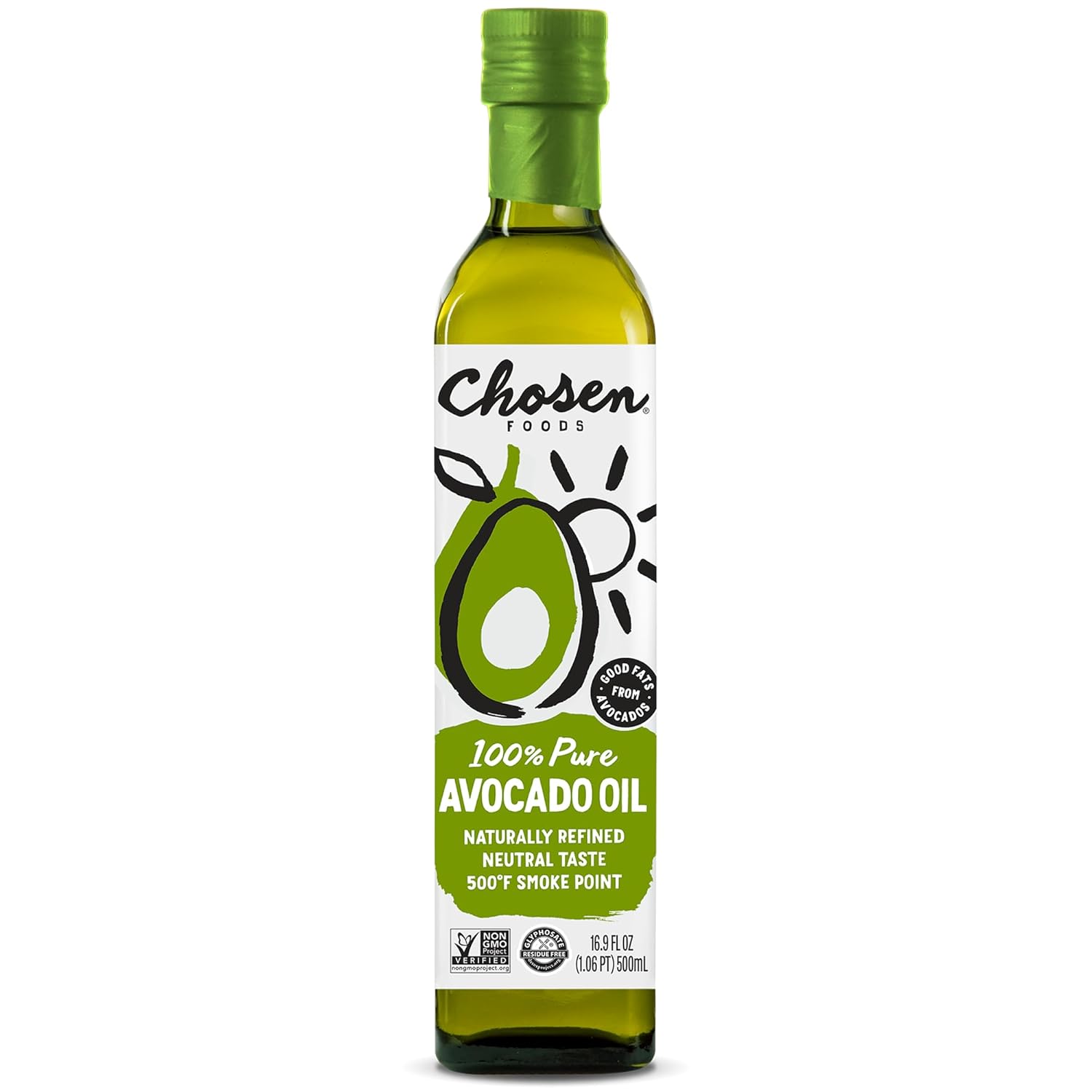 Chosen Foods 100% Pure Avocado Oil, 16.9 Fl Oz, All Purpose Cooking Oil, Non-GMO, Gluten-Free, Keto Friendly, Glyphosate Free