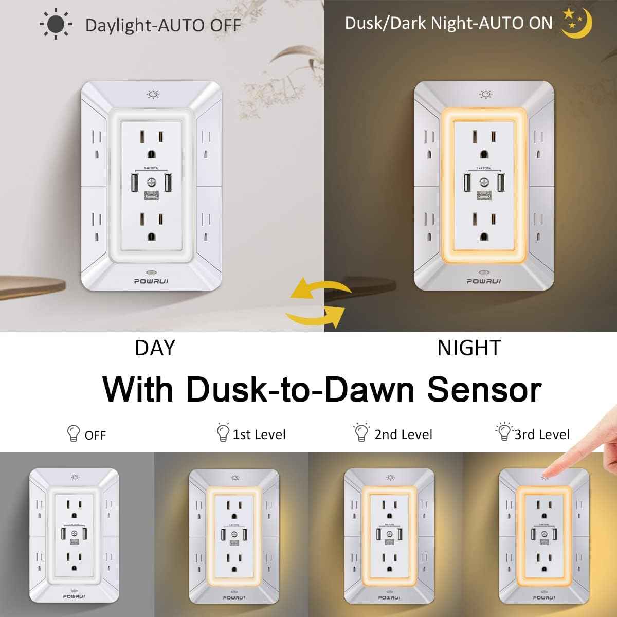 POWRUI Multi Plug 6 Outlet Surge Protector Extender with 3 USB Ports (1 USB C) and Night Light, 3-Sided Power Strip with Adapter Spaced Outlets, ETL Listed, White