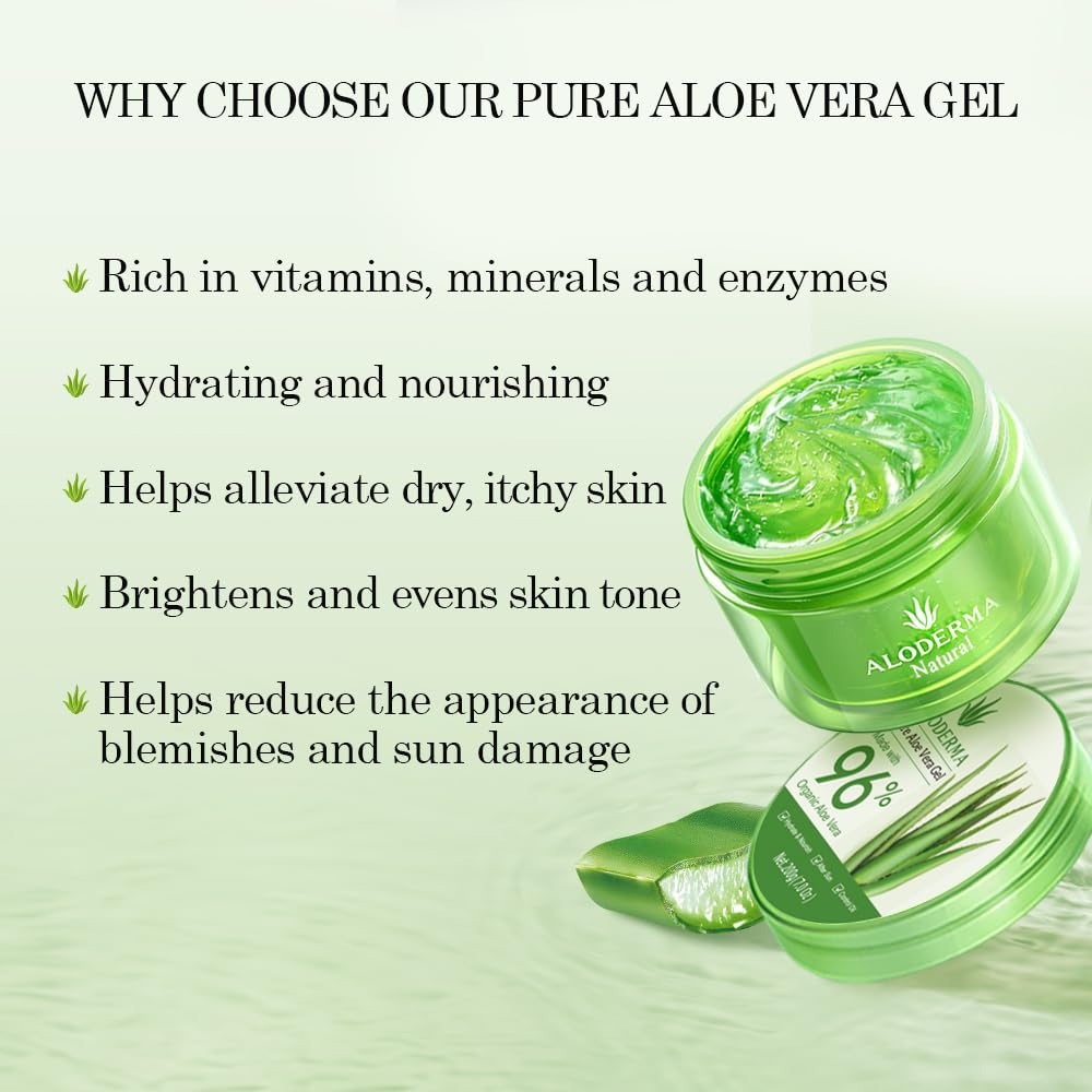 aloderma organic 96% aloe vera gel hydrating face body after-sun care 7oz