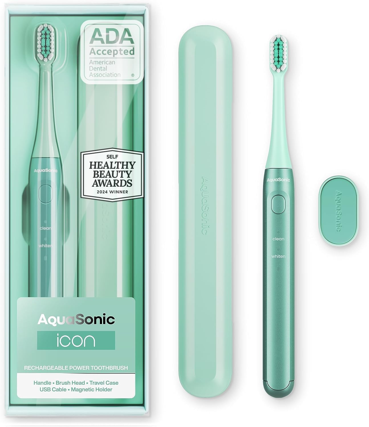 Aquasonic Icon ADA-Accepted Rechargeable Toothbrush with Magnetic Holder & Slim Travel Case | 2 Modes & Smart Timers | Gentle Micro-Vibrations