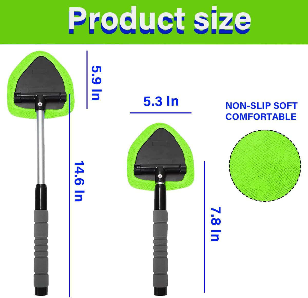 Windshield cleaning tool with 4 washable microfiber pads, extendable long handle, and reusable cleaner kit for auto, office, and home in green