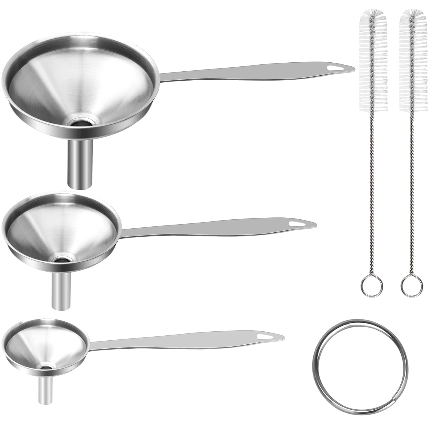 Metal Stainless Steel Funnel, Large Medium Small Funnel Set of 3, Food Grade Mini Funnels for Kitchen Use Filling Bottles Flask Cooking, 2 Brushes YLYL