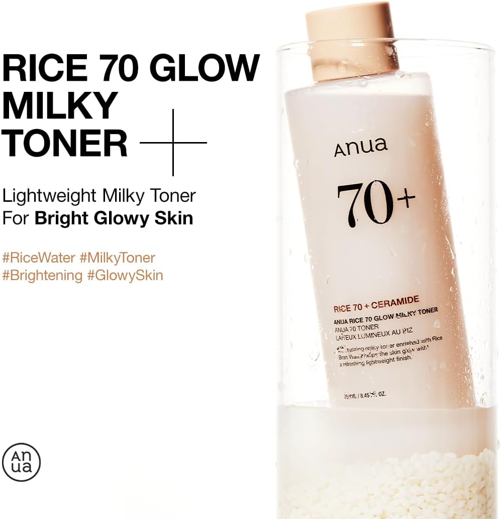 anua rice 70 glow milky toner for glass skin, fragrance-free, non-comedogenic, 250ml/8.45fl.oz