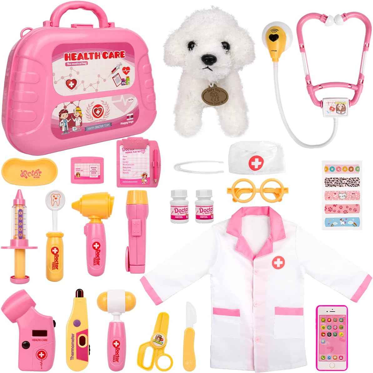 Meland Toy Doctor Kit for Girls, Pretend Play Toy Doctor Set with Dog , Carrying Bag, Stethoscope & Dress Up Costume Gift for Kids Toddlers Ages 3 4 5 6 Year Old for Role Play