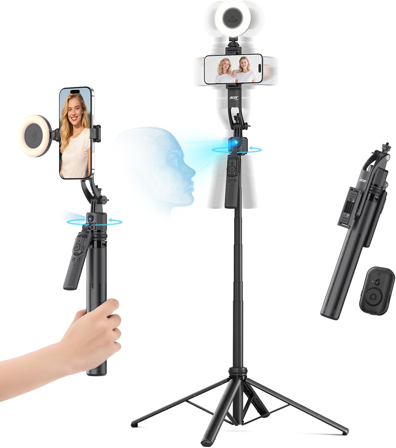 Acer Gadget Auto Face Tracking Tripod for iPhone/Cell Phone/Android/Camera with Light and Remote, 64", No App, 360°Rotating Tripod Selfie Stick for Tiktok YouTube Vlog Live Streaming Video Recording