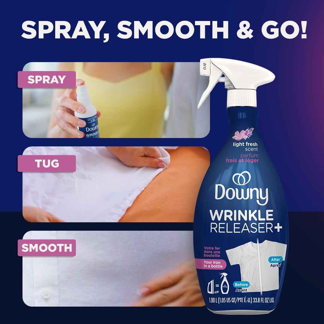 Downy Wrinkle Releaser Spray, Travel Size Spray + 16.9 Fl Oz Pack of 2, All In One Formula, Removes Wrinkles, Static and Odors, Light Fresh Scent