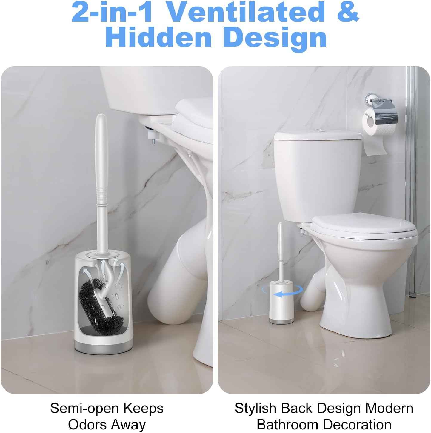 HAMITOR Toilet Bowl Brush Holder Set: Curved Design with Holder for Deep Cleaning Under Rim - Compact Hidden Scrubber for Small Space - Modern RV Bathroom Accessories - White