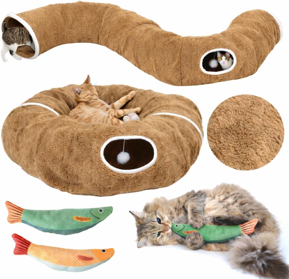 R1M Cat Donut Tunnel Bed Toy for Small and Larger Indoor Cats with Two Fish Toys, Brown