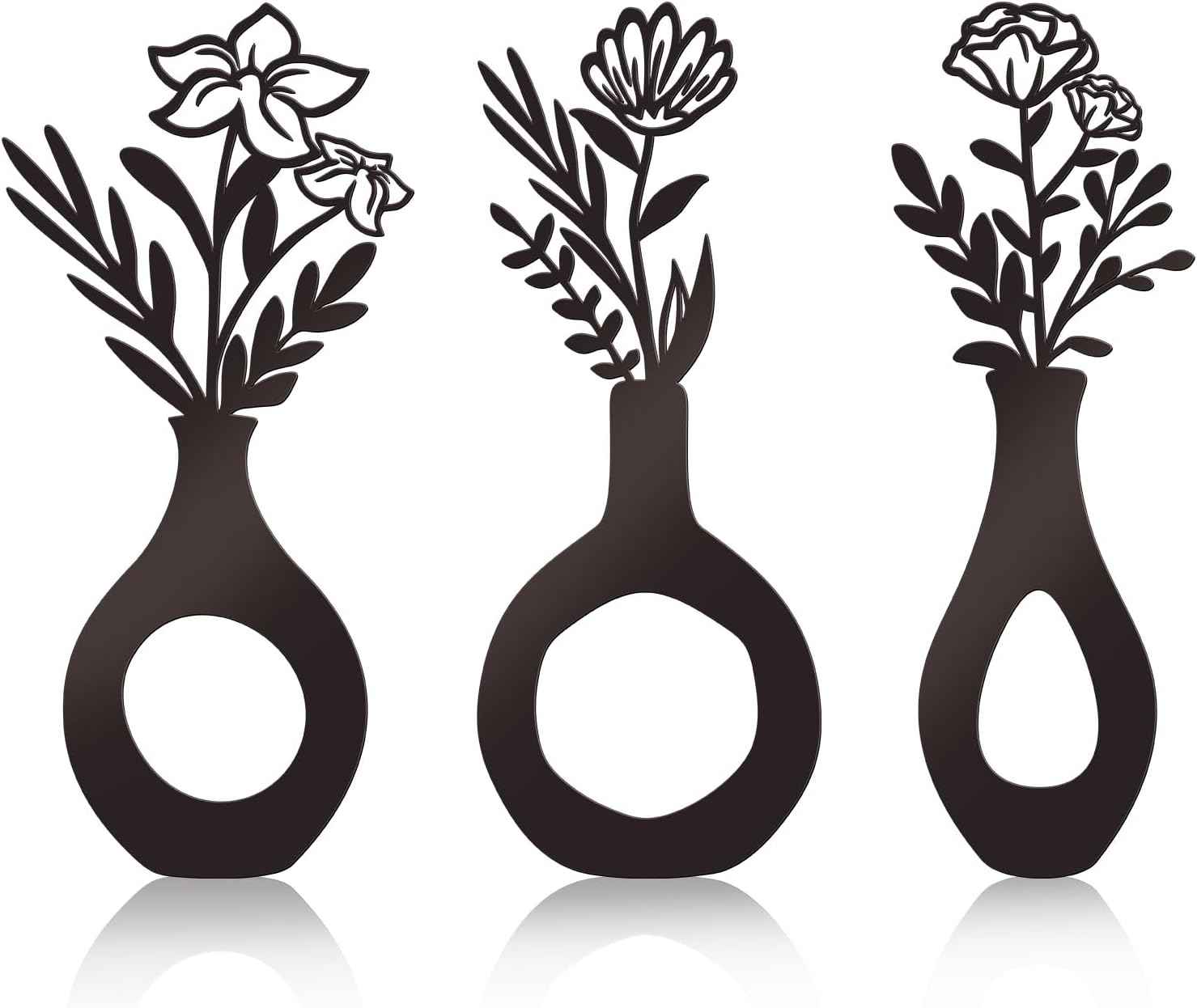 3 Pcs Black Flowers and Vases Decor Metal Flower Wall Decoration Metal Vase Wall Art Floral Home Decor Minimalist Art for Home Living Room Bathroom Dining Room (Modern)