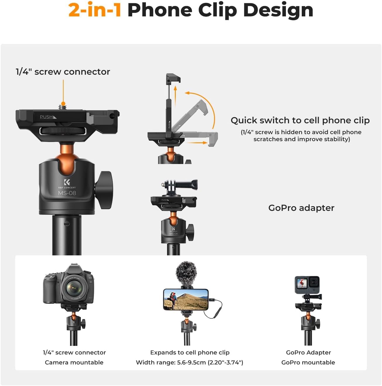 K&F CONCEPT 62'' Phone Selfie Stick Tripod, 2-in-1 Extendable Cell Phone Tripod Stand with Remote, 360° Ball Head Camera Tripod Compatible with DJI Osmo Pocket 4/3 Action 6/5Pro GoPro 13/12 iPhone.