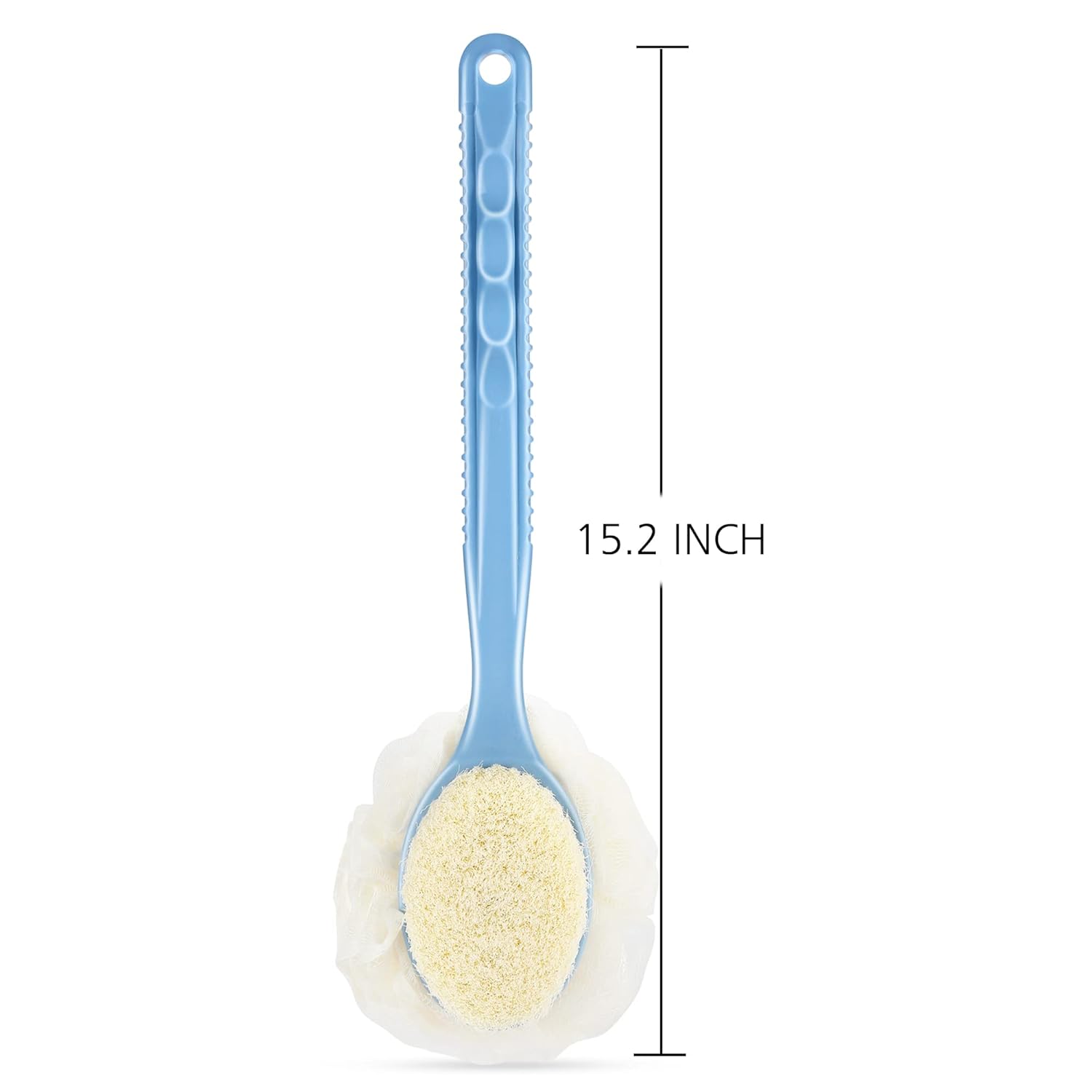 Shower body brush with bristles and loofah for skin exfoliating bath, curved long handle for back and feet, suitable for wet or dry use, men and women, blue