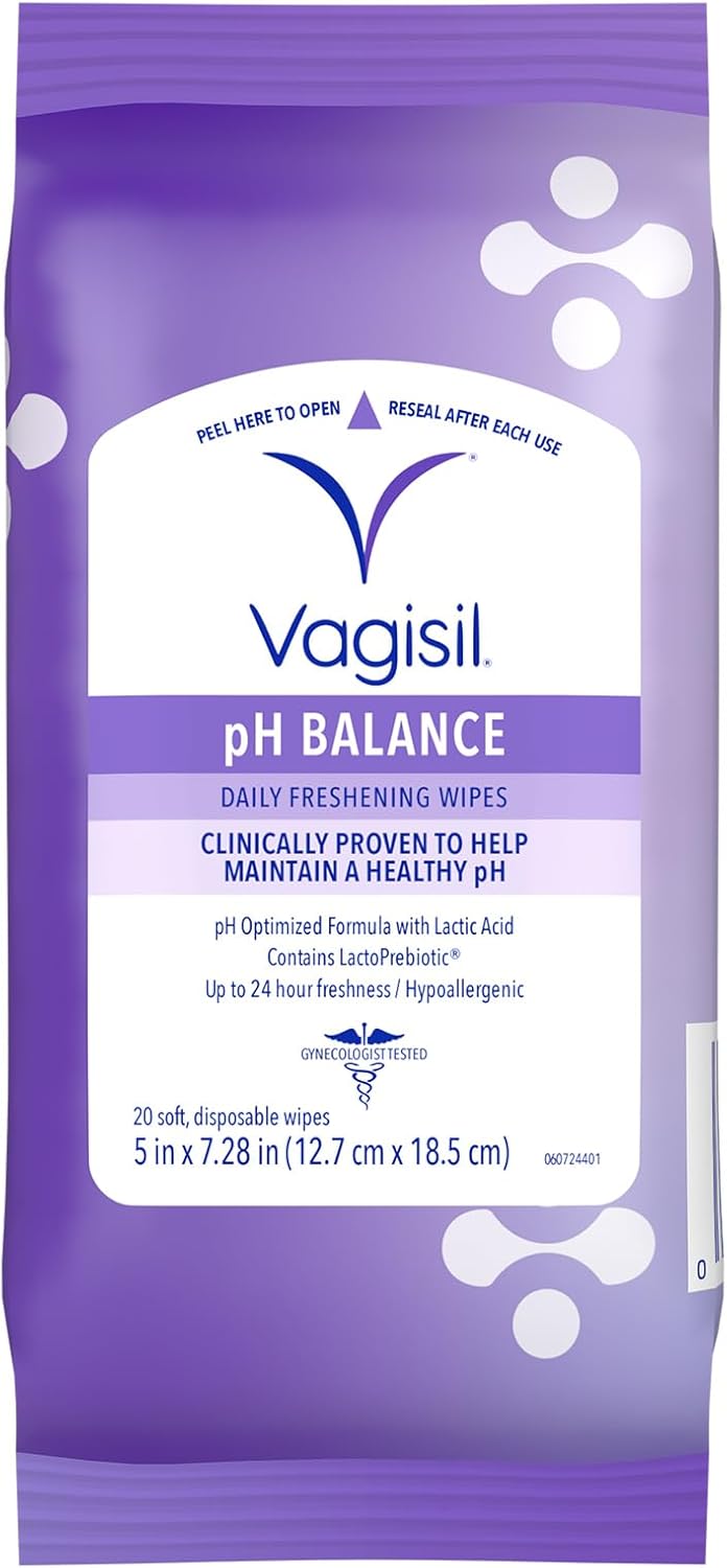 Vagisil pH Balance Daily Freshening Wipes, Hypoallergenic, Gynecologist Tested, Resealable Pouch, 20 Wipes