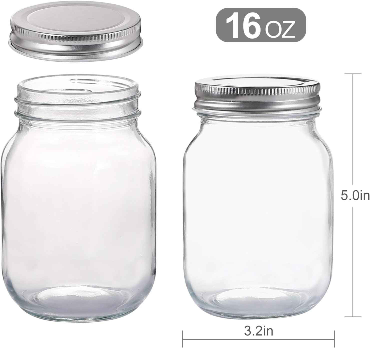 YINGERHUAN Glass Regular Mouth Mason Jars, 16 oz Clear Glass Jars with Silver Metal Lids for Sealing, Canning Jars for Food Storage, Overnight Oats, Dry Food, Snacks, Candies, DIY Projects (4PACK)
