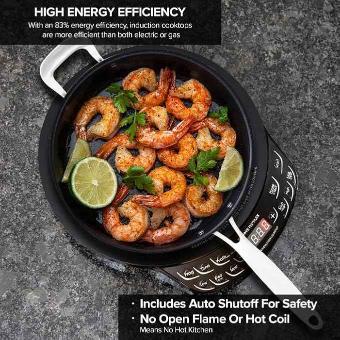 NUWAVE Flex Precision Induction Cooktop, 10.25” Shatter-Proof Ceramic Glass, 6.5” Heating Coil, 45 Temps from 100°F to 500°F, 3 Wattage Settings 600, 900 & 1300 Watts, 9” Duralon Ceramic Pan Included