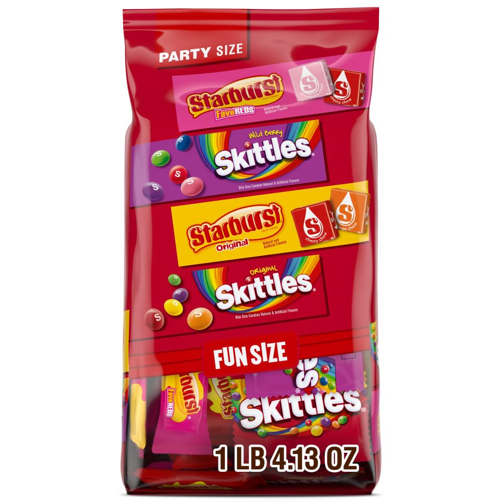 skittles original and starburst fun size chewy candy variety bag, party size, 20.13 oz bulk bag