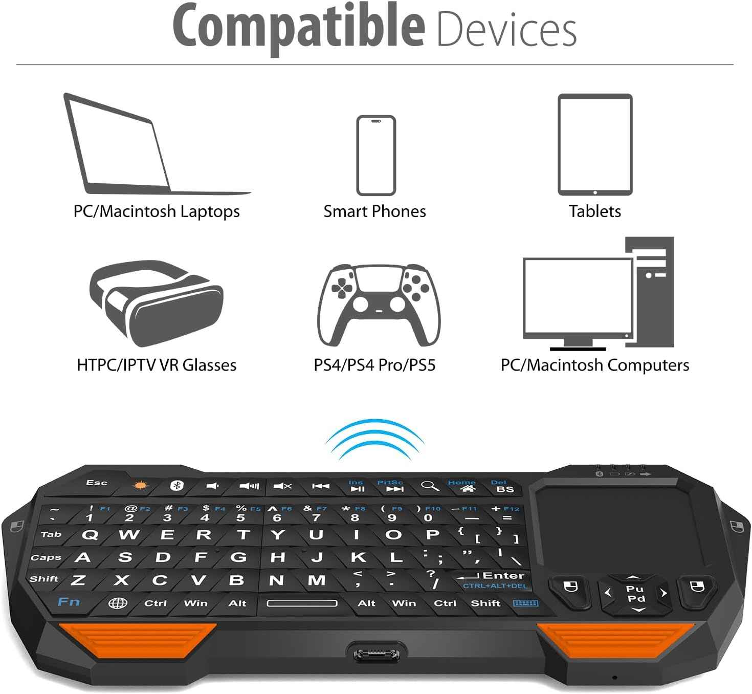 Fosmon Mini Bluetooth Keyboard (QWERTY Keypad), Wireless Portable with Touchpad, Compatible with Apple TV, Amazon Fire Stick, PS4, PS4 Pro, PS5, HTPC/IPTV, VR Glasses, Smartphones