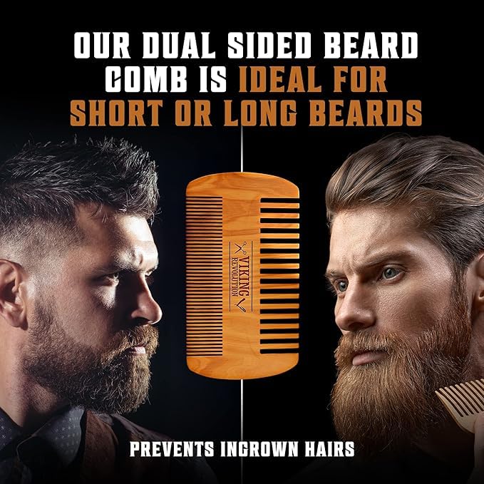 viking revolution natural boar bristle beard brush and pear wood comb set with velvet travel pouch