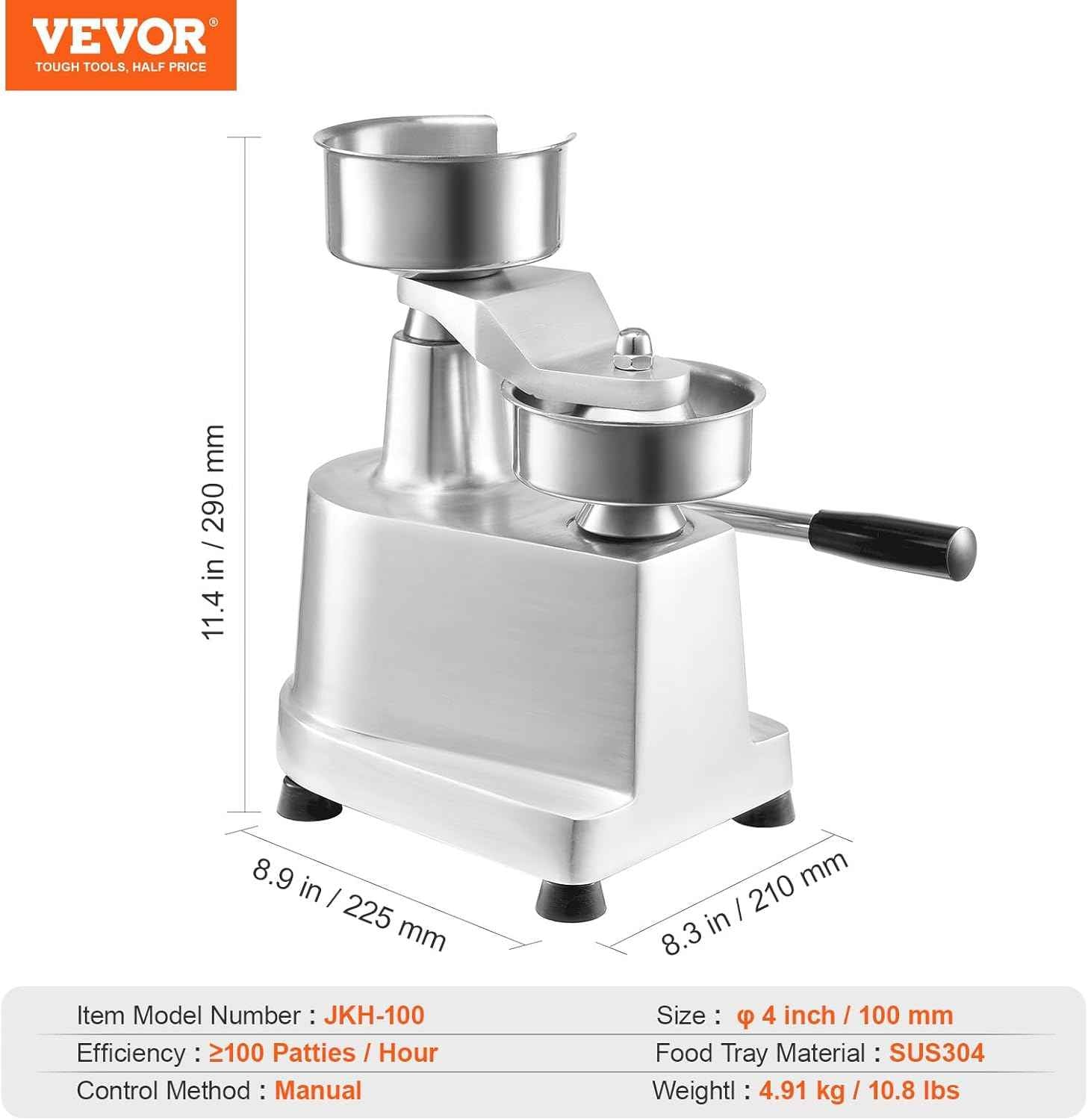 VEVOR Commercial Burger Patty Maker, 100mm/4inch Hamburger Beef Patty Maker, Heavy Duty Food-Grade Stainless Steel Bowl Burger Press Machine, Kitchen Meat Forming Processor with 1000 Pcs Patty Papers