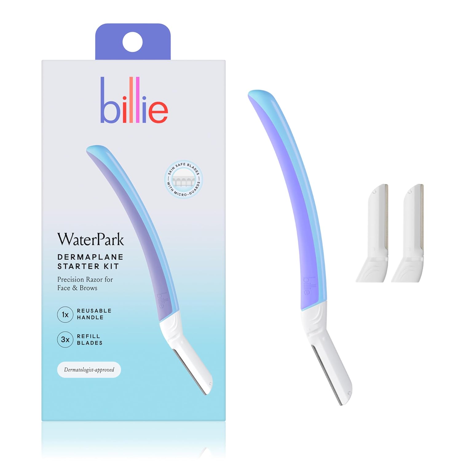 billie dermaplane starter kit reusable handle 3 refill blades malibu dermatologist-approved