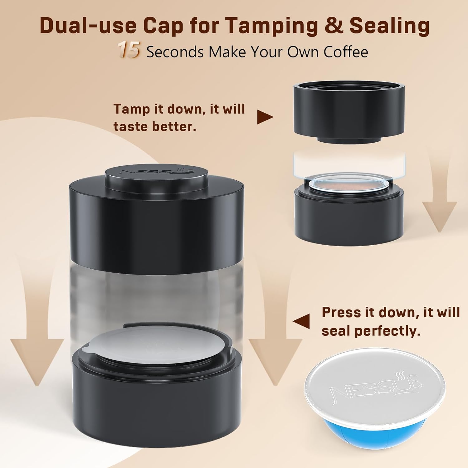 Nessus Reusable Kit for Nespresso Vertuo, Reusable Aluminum Foil Seal Lid, Holder, Brush, 100 Pcs Food-Grade Capsules for Vertuo Plus Next
