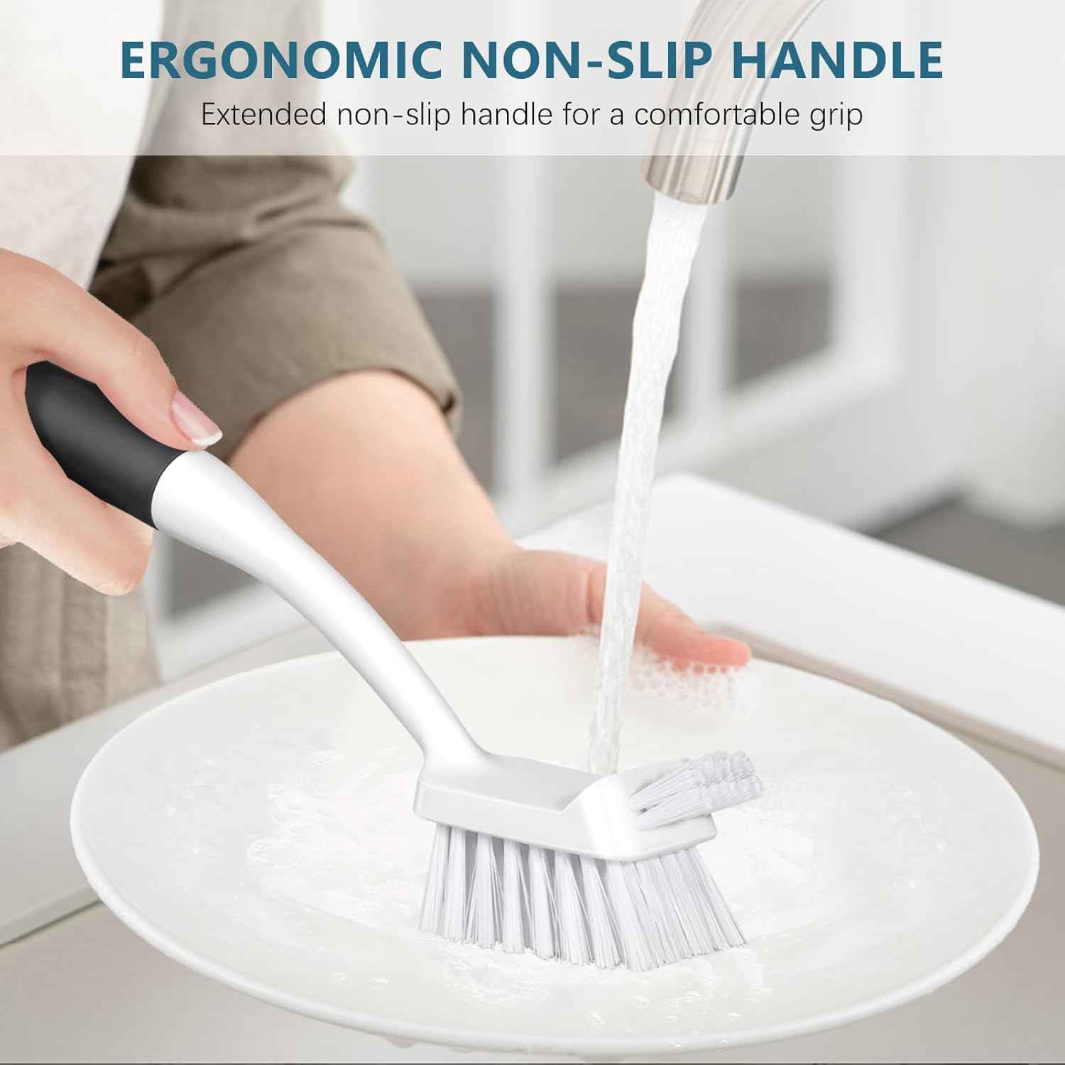SetSail Dish Brush Set of 3 with Bottle Brush, Dish Scrub Brush with Long Handle Deep Cleaning Handle Brush with Scraper Tip for Kitchen Sink Dishes Bottle Cup Pot and Pans Tile Lines, Black